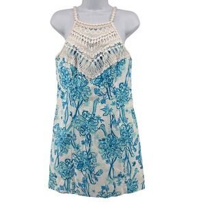 Lilly Pulitzer High Neck Shift Dress Crochet Detail Blue Peacock Sleeveless Sz 8